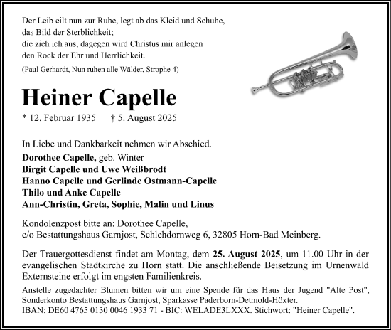 Anzeige  Heiner Capelle  Lippische Landes-Zeitung