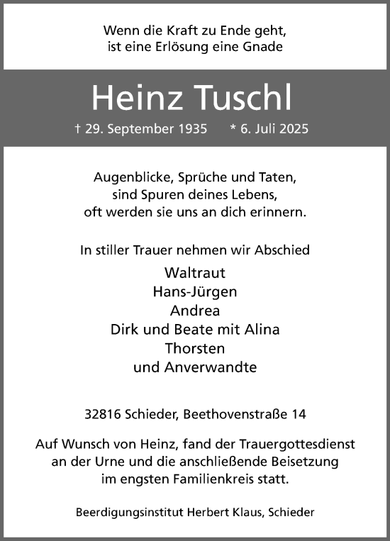Anzeige  Heinz Tuschl  Lippische Landes-Zeitung