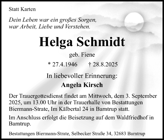 Anzeige  Helga Schmidt  Lippische Landes-Zeitung