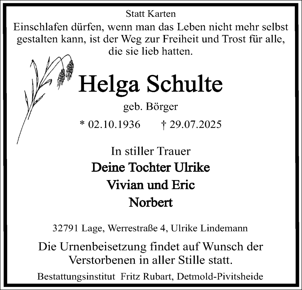  Traueranzeige für Helga Schulte vom 09.08.2025 aus Lippische Landes-Zeitung