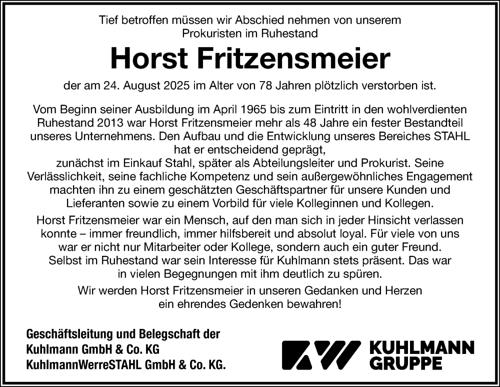  Traueranzeige für Horst Fritzensmeier vom 30.08.2025 aus Lippische Landes-Zeitung