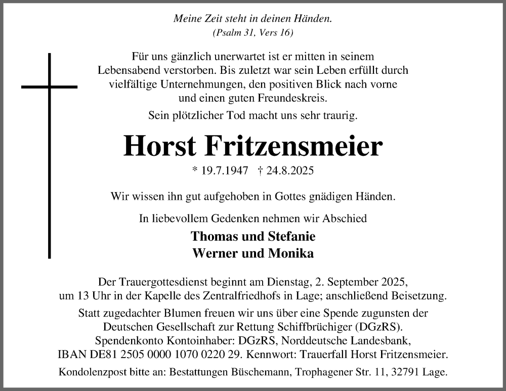 Traueranzeige für Horst Fritzensmeier vom 30.08.2025 aus Lippische Landes-Zeitung