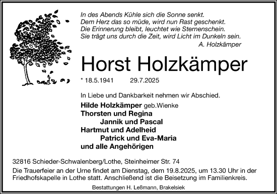 Anzeige  Horst Holzkämper  Lippische Landes-Zeitung