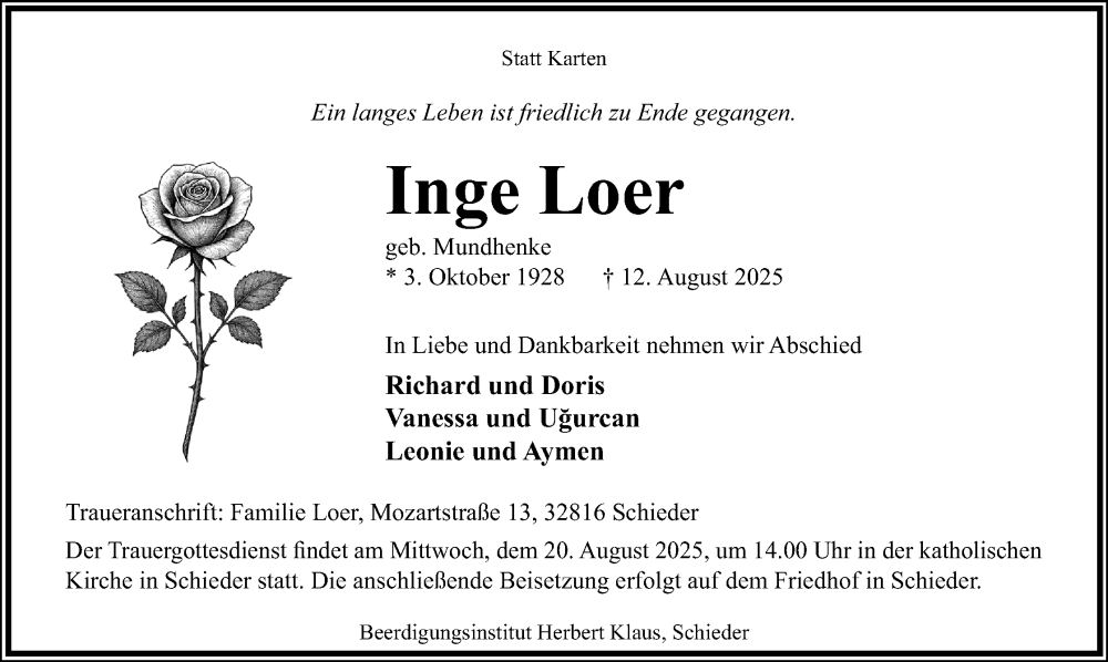  Traueranzeige für Inge Loer vom 16.08.2025 aus Lippische Landes-Zeitung
