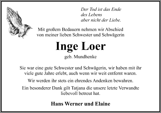 Anzeige  Inge Loer  Lippische Landes-Zeitung