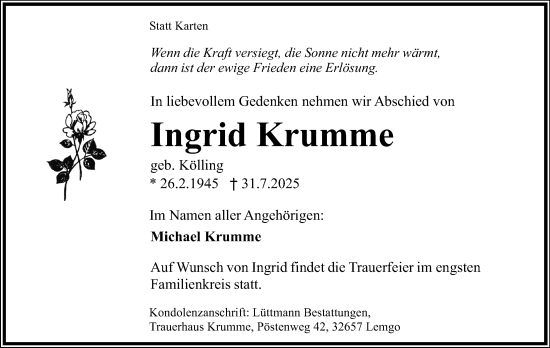 Anzeige  Ingrid Krumme  Lippische Landes-Zeitung