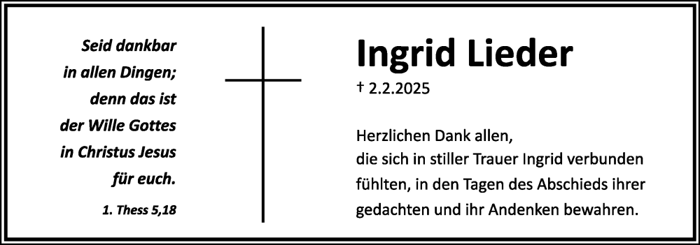  Traueranzeige für Ingrid Lieder vom 16.08.2025 aus Lippische Landes-Zeitung