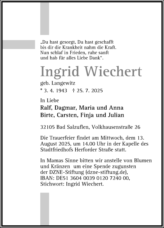 Anzeige  Ingrid Wiechert  Lippische Landes-Zeitung