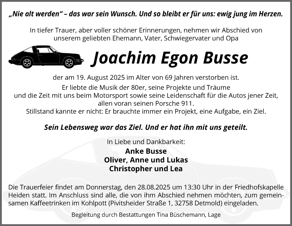  Traueranzeige für Joachim Egon Busse vom 23.08.2025 aus Lippische Landes-Zeitung