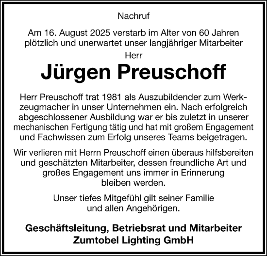 Anzeige  Jürgen Preuschoff  Lippische Landes-Zeitung