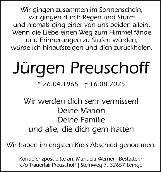 Anzeige  Jürgen Preuschoff  Lippische Landes-Zeitung