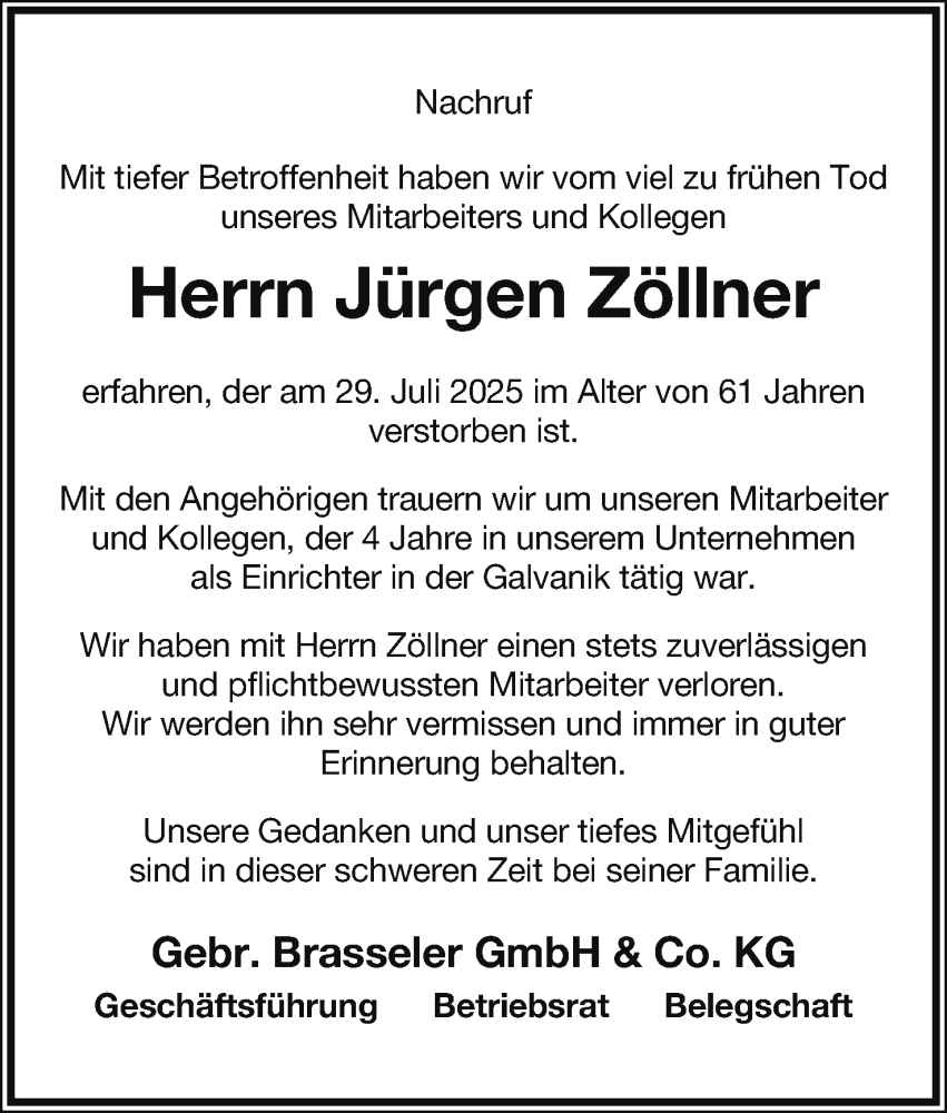  Traueranzeige für Jürgen Zöllner vom 16.08.2025 aus Lippische Landes-Zeitung