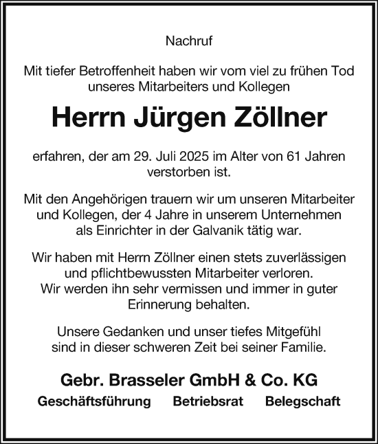 Anzeige  Jürgen Zöllner  Lippische Landes-Zeitung