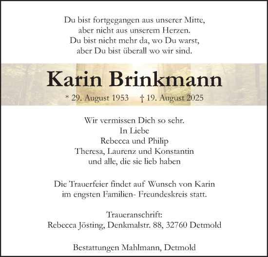 Anzeige  Karin Brinkmann  Lippische Landes-Zeitung