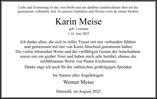 Anzeige  Karin Meise  Lippische Landes-Zeitung
