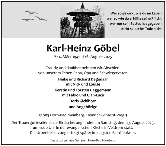 Anzeige  Karl-Heinz Göbel  Lippische Landes-Zeitung