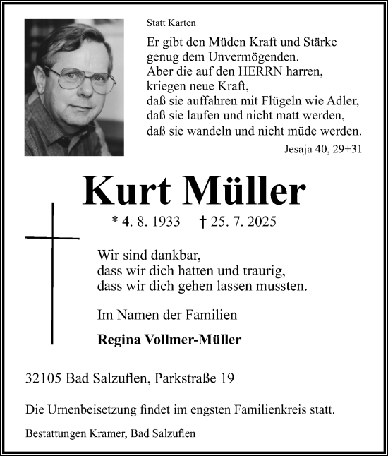 Anzeige  Kurt Müller  Lippische Landes-Zeitung