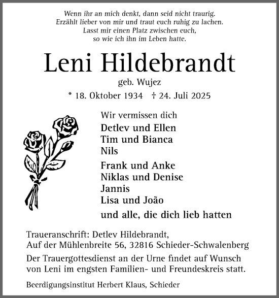 Anzeige  Leni Hildebrandt  Lippische Landes-Zeitung