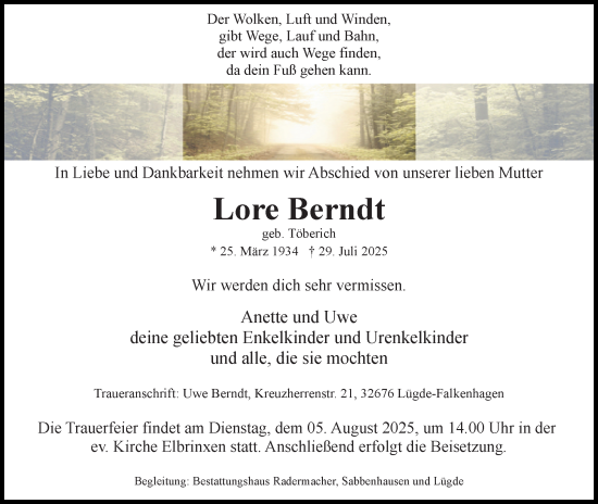 Anzeige  Lore Berndt  Lippische Landes-Zeitung