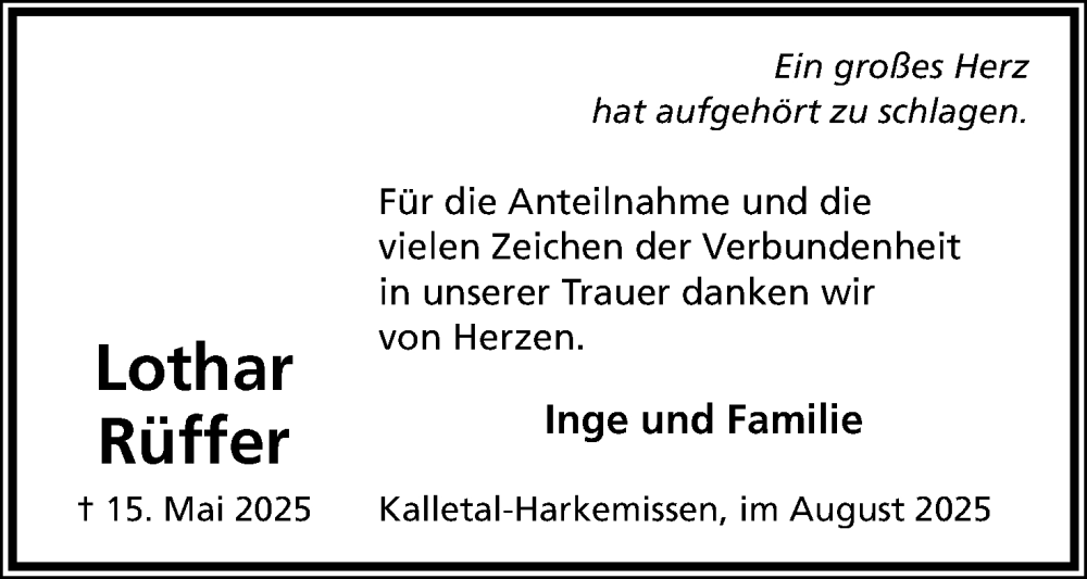  Traueranzeige für Lothar Rüffer vom 16.08.2025 aus Lippische Landes-Zeitung