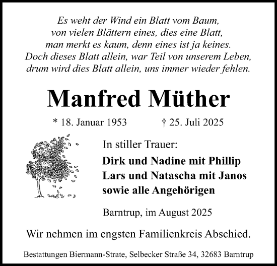Anzeige  Manfred Müther  Lippische Landes-Zeitung