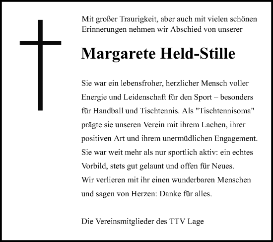 Anzeige  Margarete Held-Stille  Lippische Landes-Zeitung
