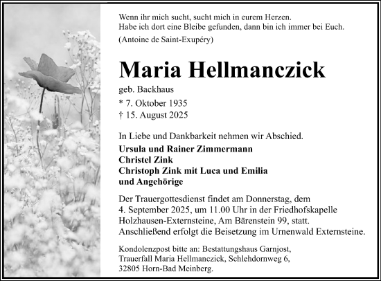 Anzeige  Maria Hellmanczick  Lippische Landes-Zeitung