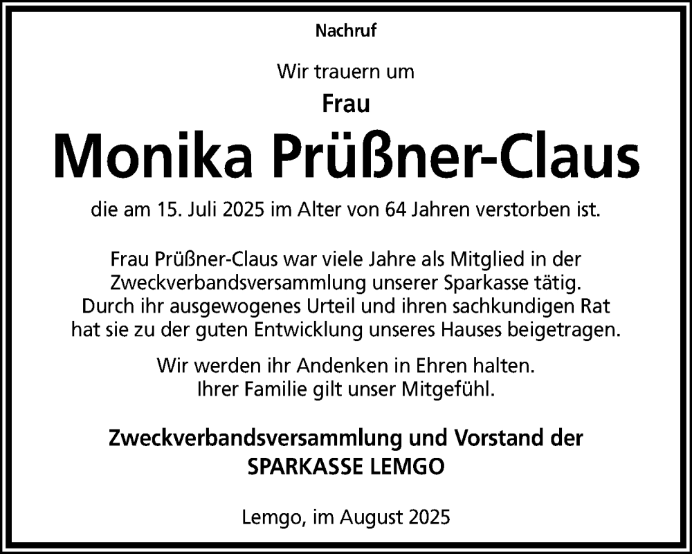  Traueranzeige für Monika Prüßner-Claus vom 02.08.2025 aus Lippische Landes-Zeitung