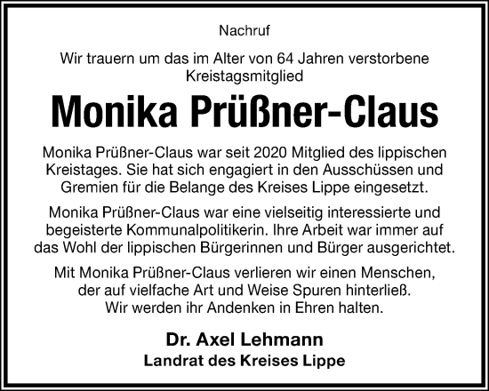 Anzeige  Monika Prüßner-Claus  Lippische Landes-Zeitung