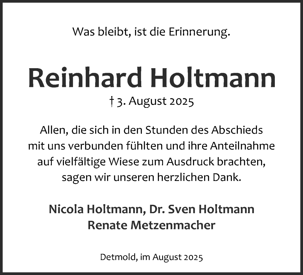  Traueranzeige für Reinhard Holtmann vom 23.08.2025 aus Lippische Landes-Zeitung