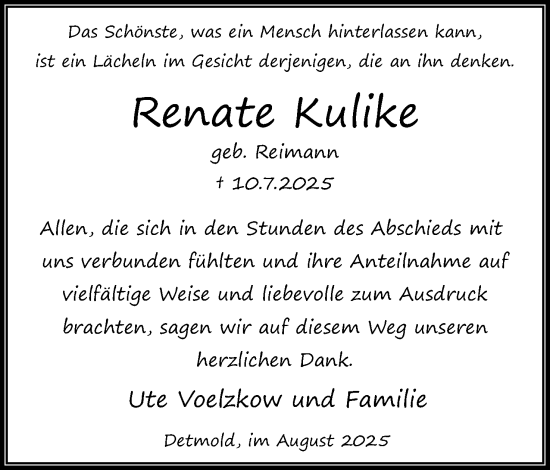 Anzeige  Renate Kulike  Lippische Landes-Zeitung