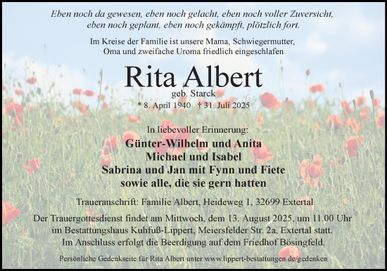 Anzeige  Rita Albert  Lippische Landes-Zeitung
