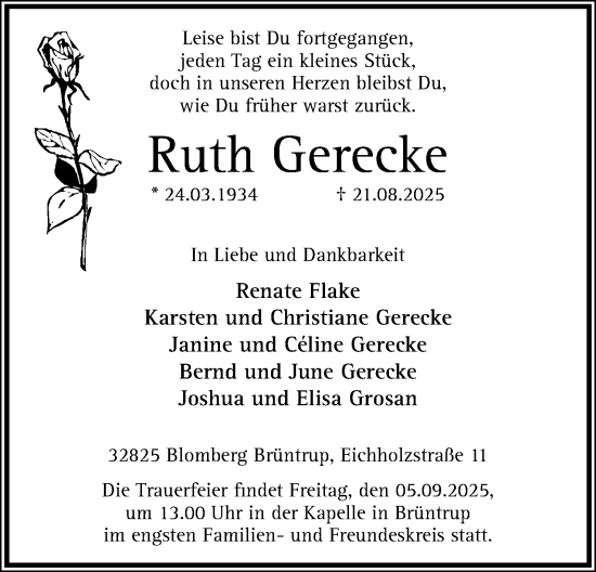 Anzeige  Ruth Gerecke  Lippische Landes-Zeitung