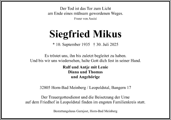 Anzeige  Siegfried Mikus  Lippische Landes-Zeitung