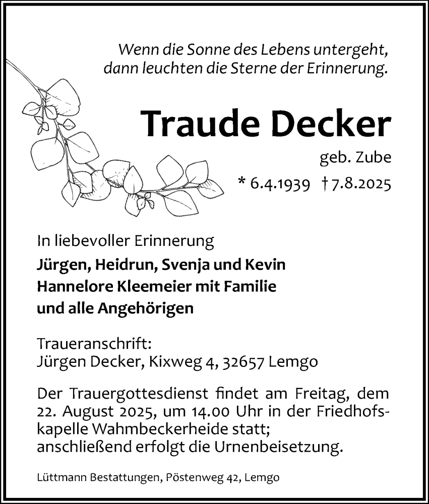  Traueranzeige für Traude Decker vom 16.08.2025 aus Lippische Landes-Zeitung