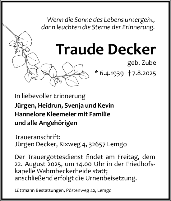 Anzeige  Traude Decker  Lippische Landes-Zeitung