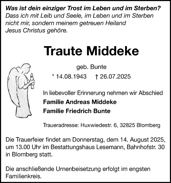 Anzeige  Traute Middeke  Lippische Landes-Zeitung