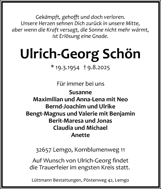 Anzeige  Ulrich-Georg Schön  Lippische Landes-Zeitung