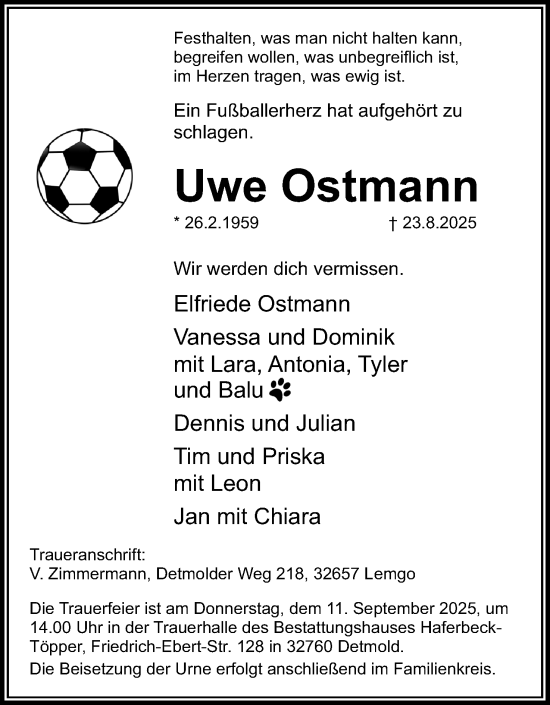 Anzeige  Uwe Ostmann  Lippische Landes-Zeitung