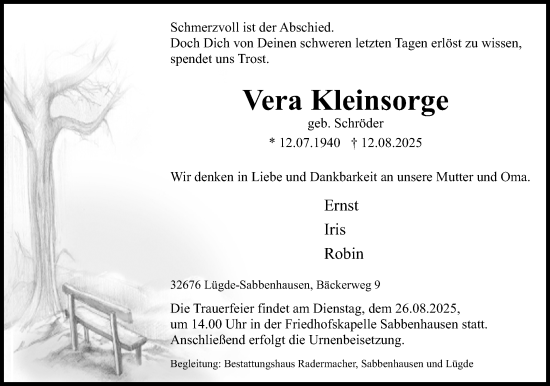 Anzeige  Vera Kleinsorge  Lippische Landes-Zeitung
