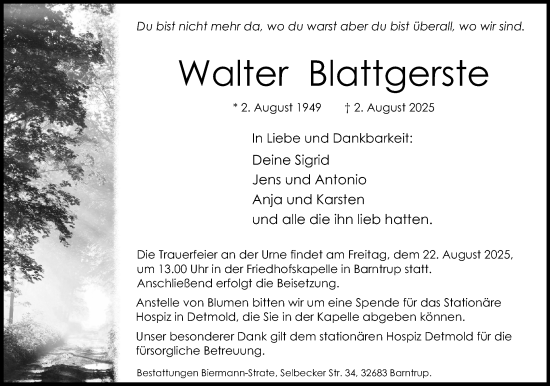 Anzeige  Walter Blattgerste  Lippische Landes-Zeitung