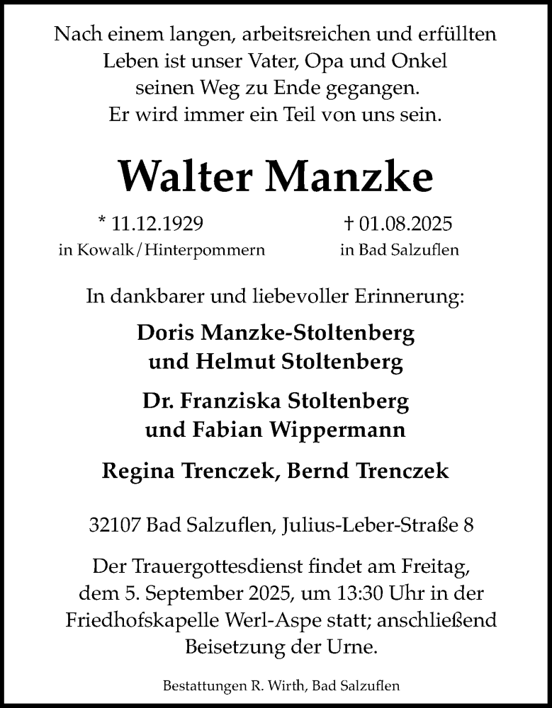  Traueranzeige für Walter Manzke vom 30.08.2025 aus Lippische Landes-Zeitung