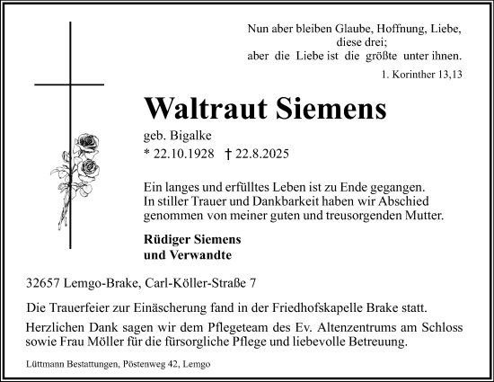 Anzeige  Waltraut Siemens  Lippische Landes-Zeitung
