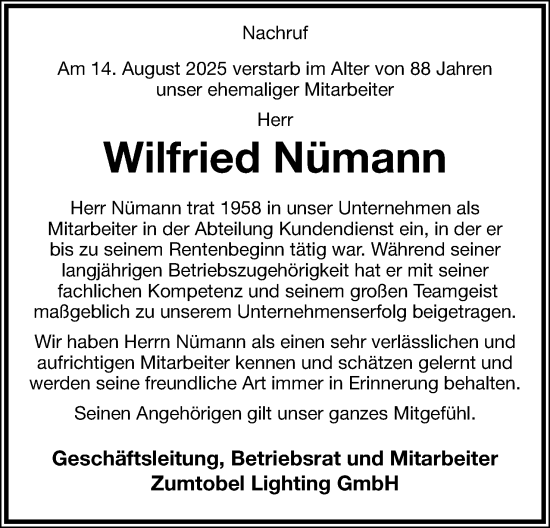 Anzeige  Wilfried Nümann  Lippische Landes-Zeitung