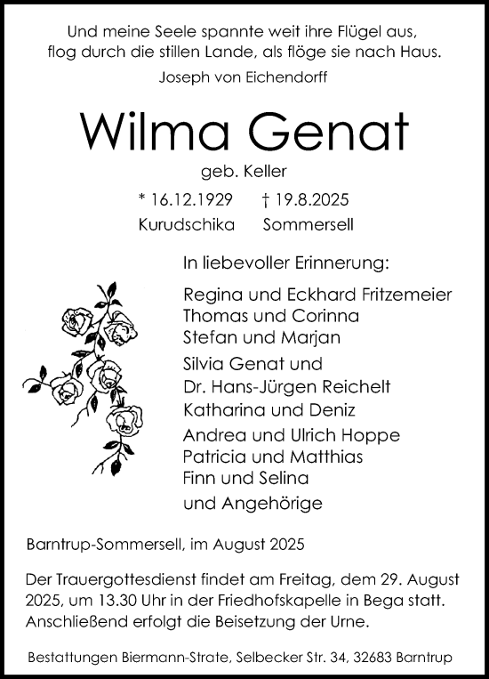 Anzeige  Wilma Genat  Lippische Landes-Zeitung