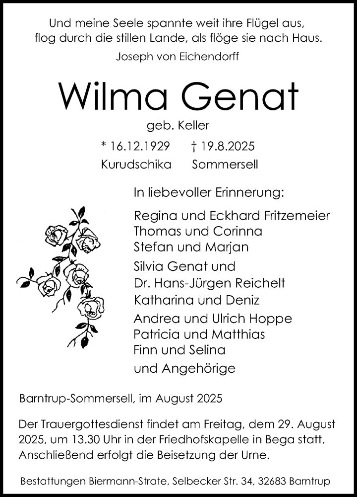  Traueranzeige für Wilma Genat vom 23.08.2025 aus Lippische Landes-Zeitung