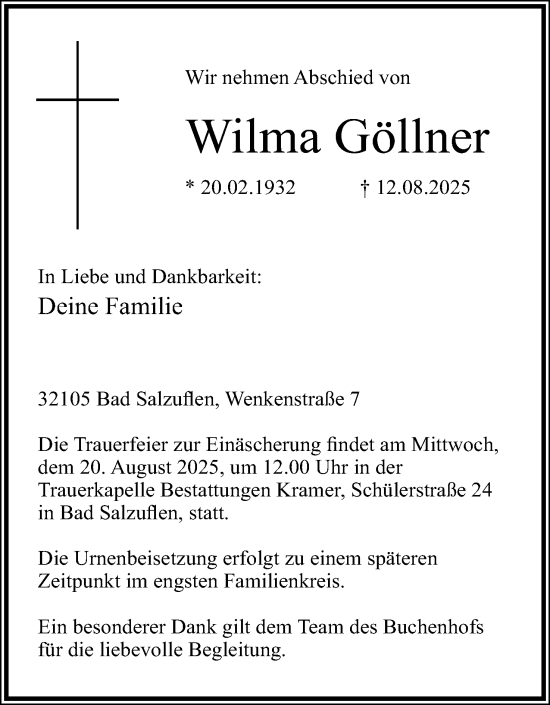 Anzeige  Wilma Göllner  Lippische Landes-Zeitung