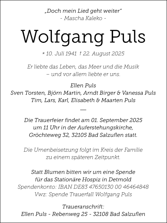 Anzeige  Wolfgang Puls  Lippische Landes-Zeitung