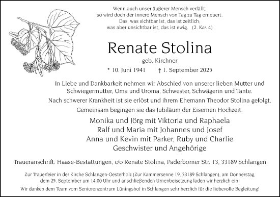 Anzeige  Renate Stolina  Lippische Landes-Zeitung