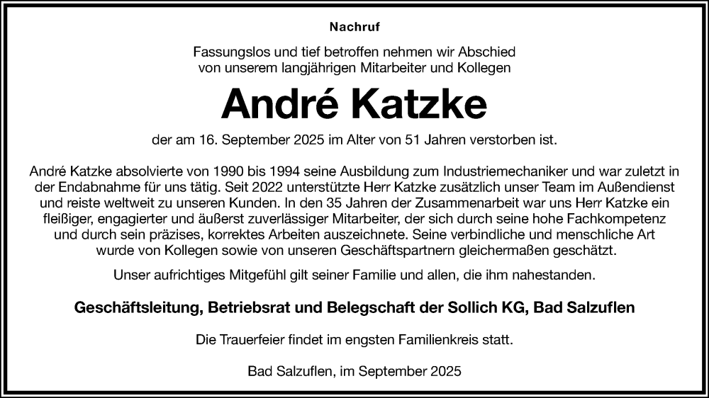  Traueranzeige für André Katzke vom 27.09.2025 aus Lippische Landes-Zeitung